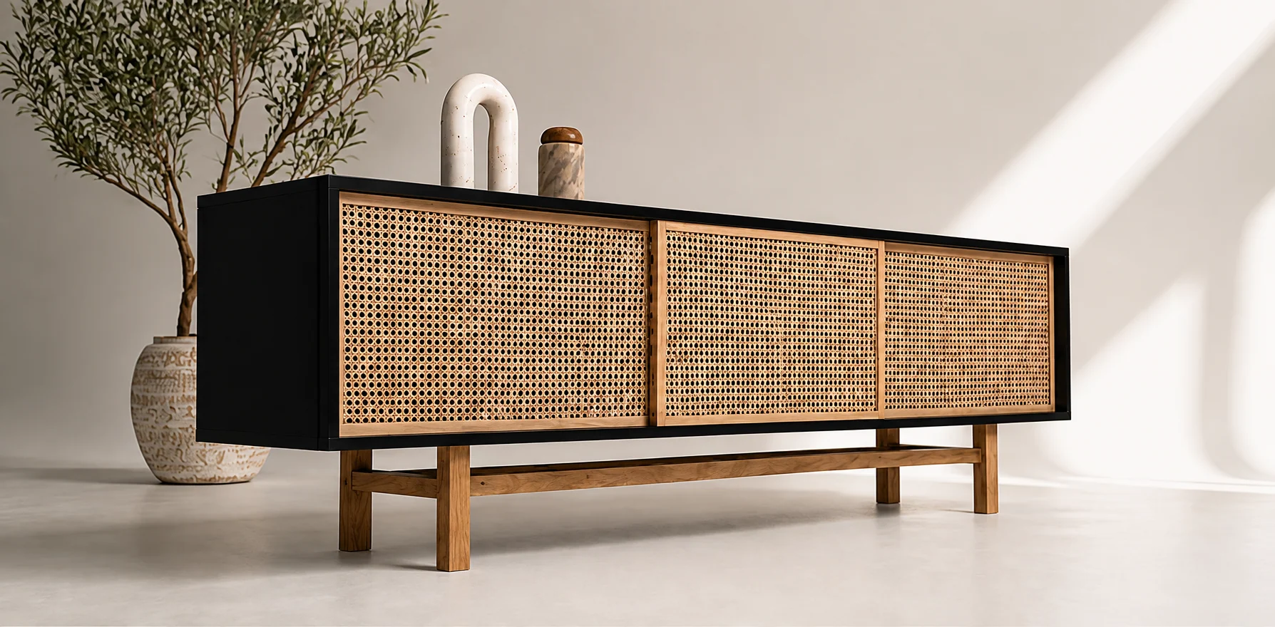 Black Modern Bohemian Cane Rattan TV Console Record Player Stand
