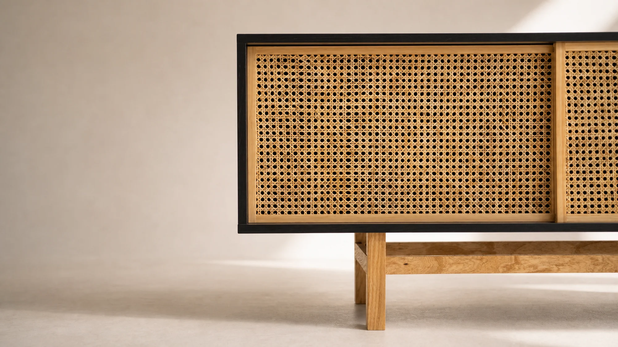 Black Modern Bohemian Cane Rattan TV Console Record Player Stand