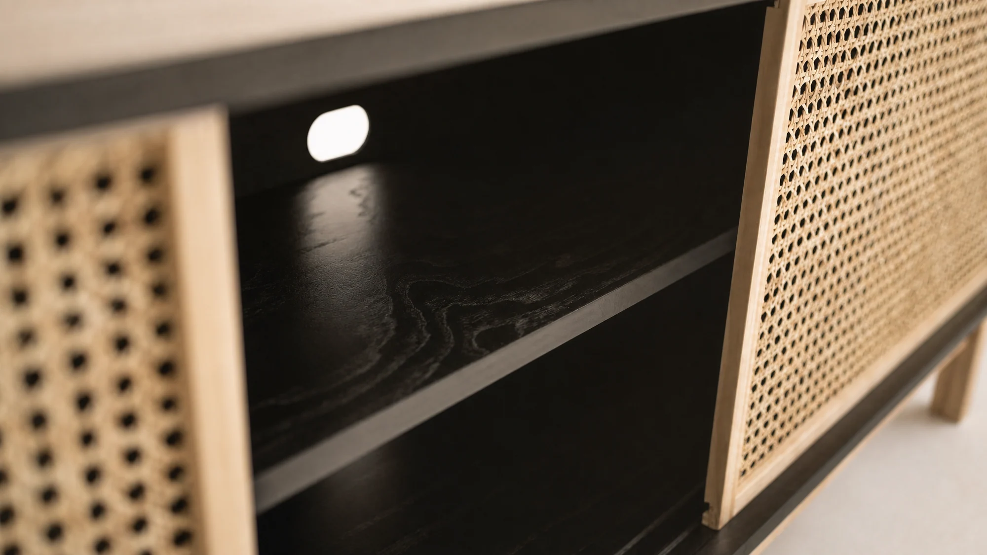 Black Modern Bohemian Cane Rattan TV Console Record Player Stand
