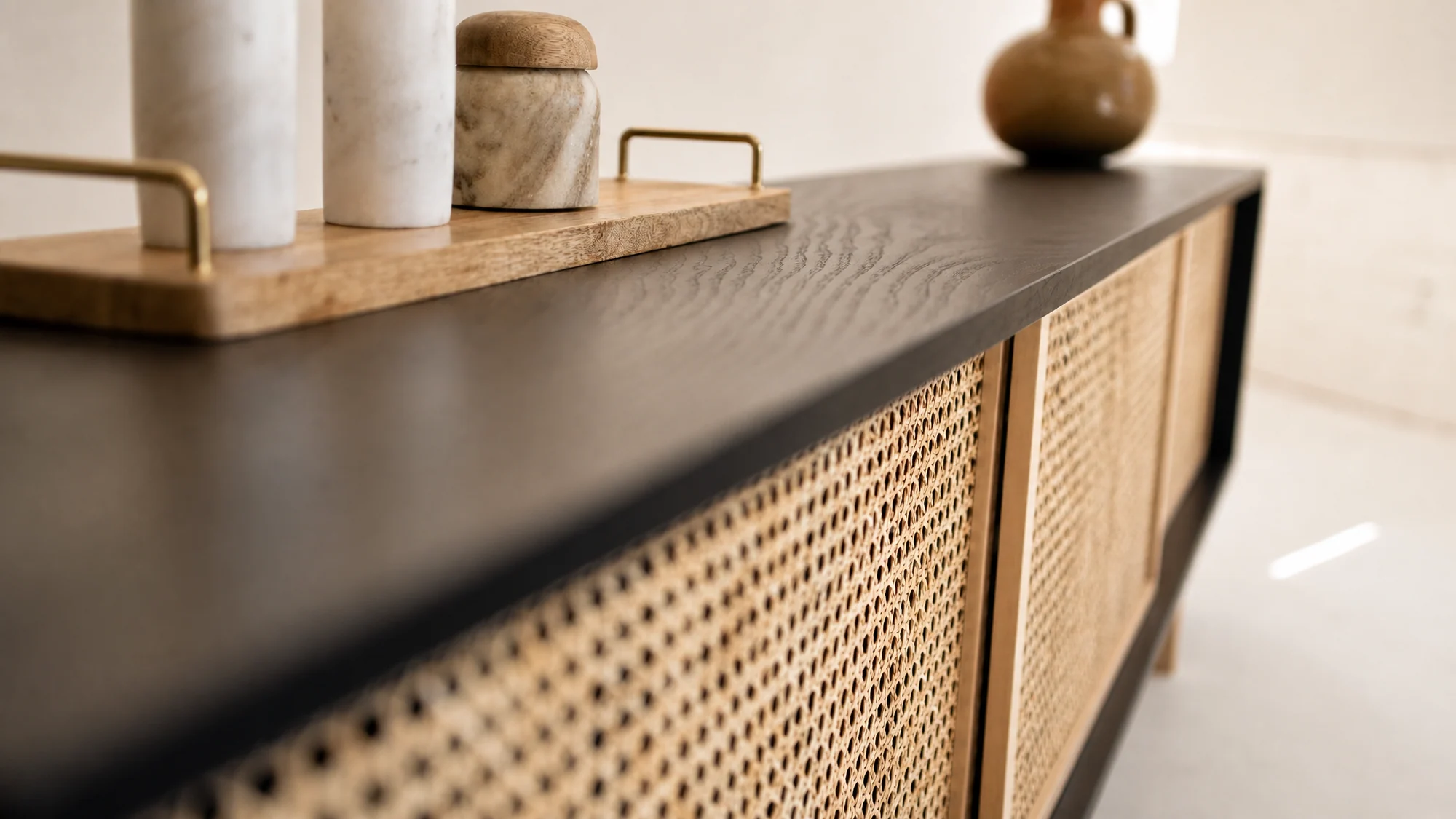 Black Modern Bohemian Cane Rattan TV Console Record Player Stand