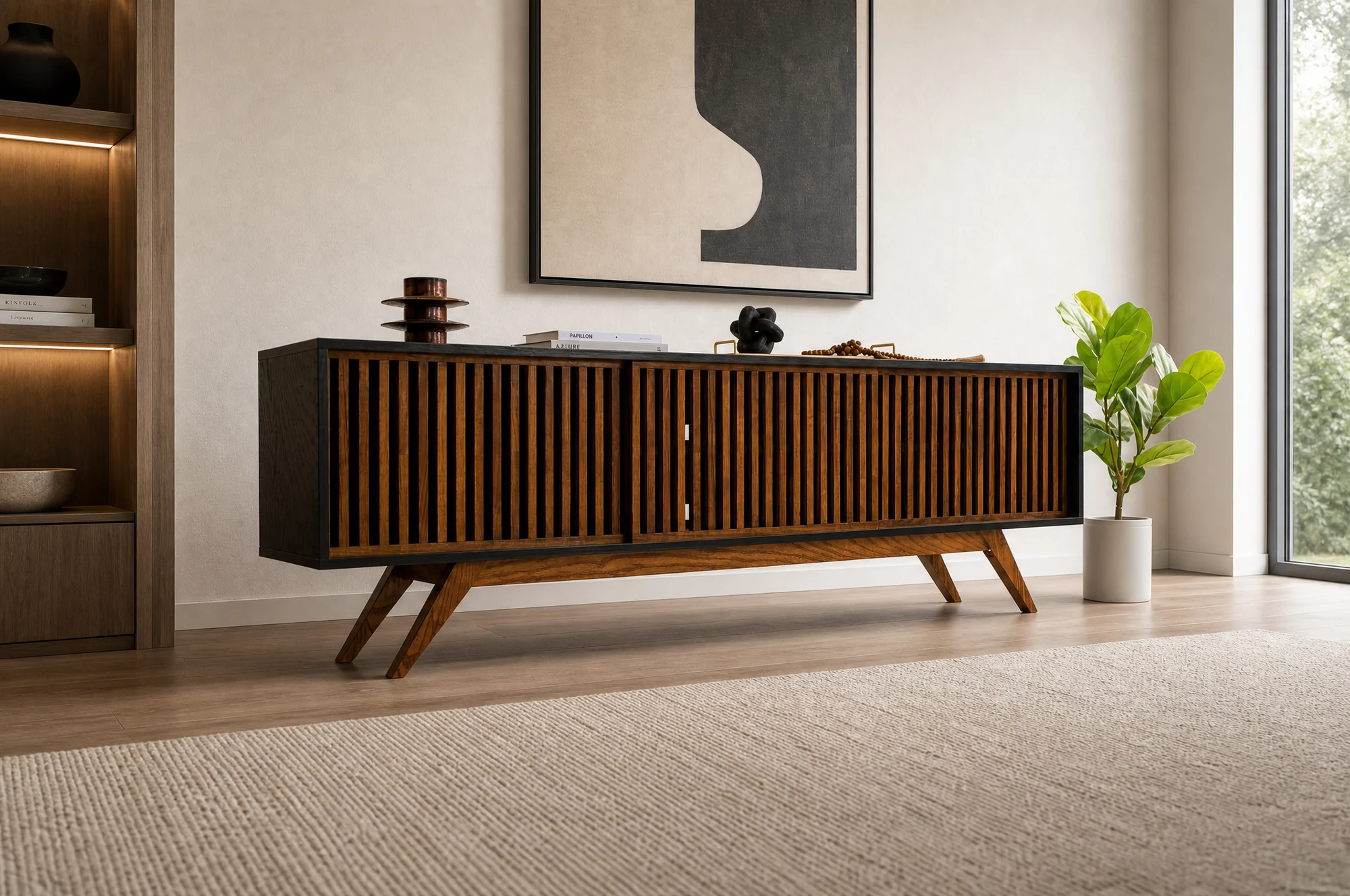 Urban Mid Century Modern Black TV Console Record Player Stand