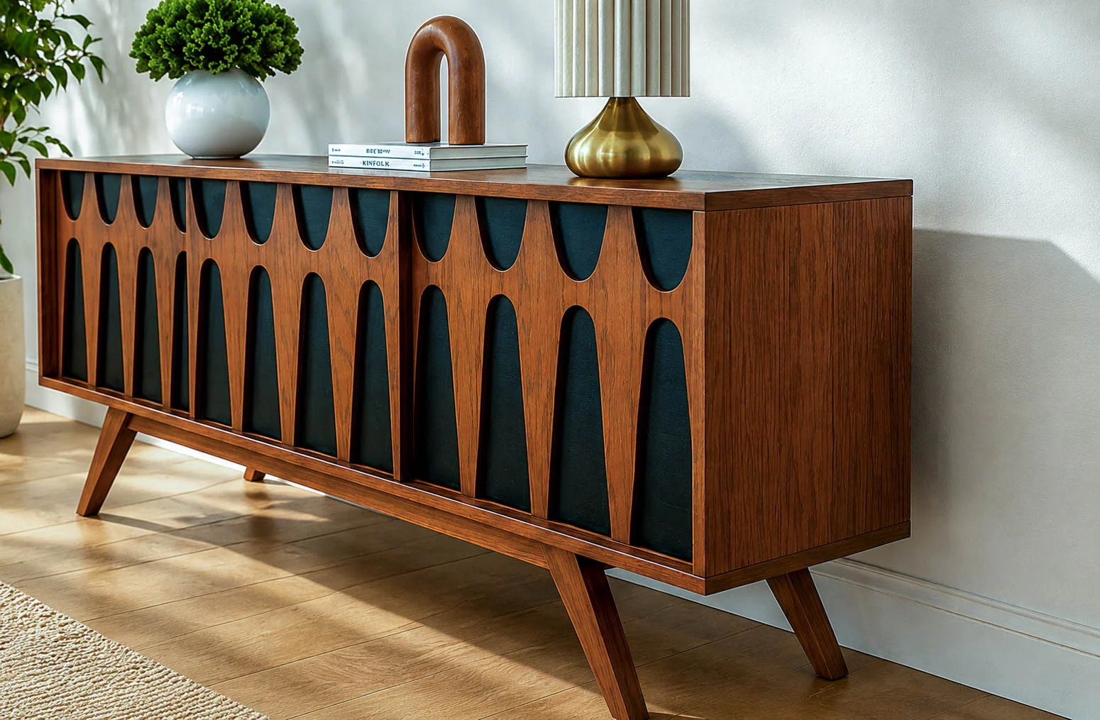 Brasilia Styled Red Oak TV Console Record Player Stand